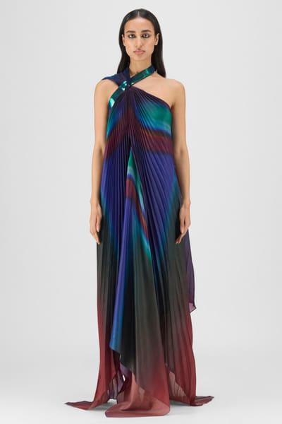 Teal metallic micro pleated halter-neck dress