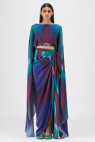 Teal pleated cape and draped skirt set