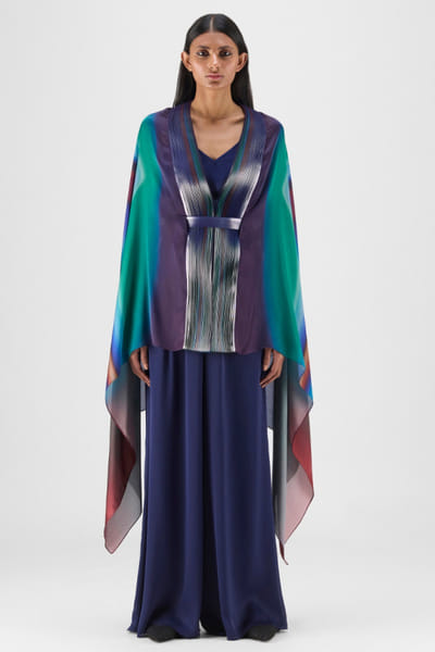 Green and teal micro pleated-belted cape