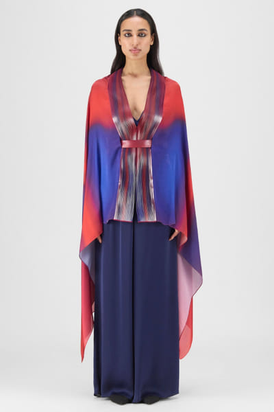 Red and blue micro pleated-belted cape