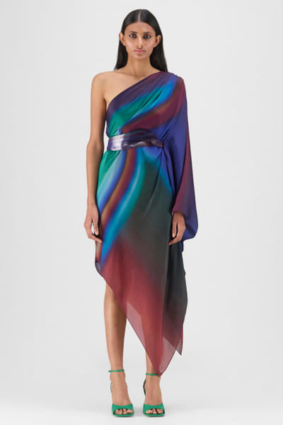 Teal metallic micro pleated one-shoulder dress