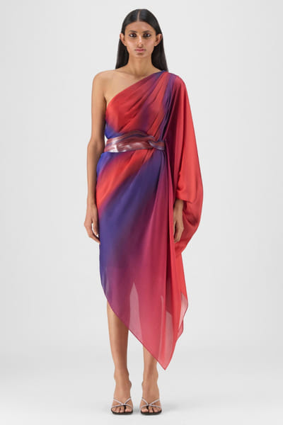 Red metallic micro pleated one-shoulder dress