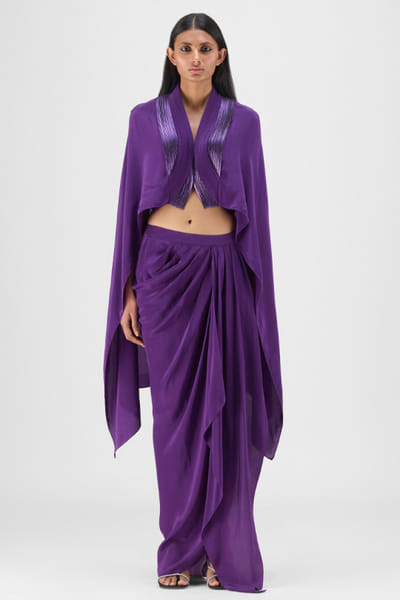 Purple pleated cape and draped skirt set