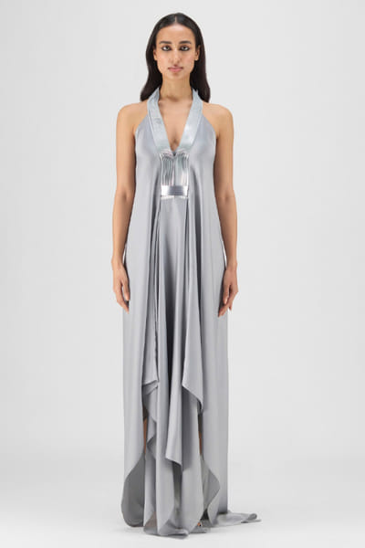 Steel metallic micro pleated dress