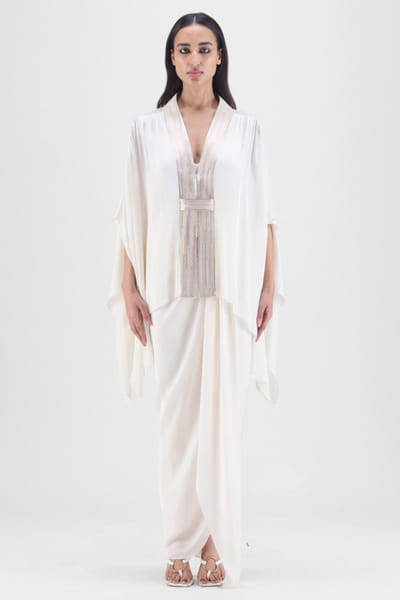 Pearl handwoven cape and draped skirt set