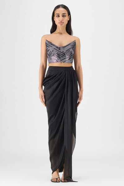 Black handwoven bustier and draped skirt set