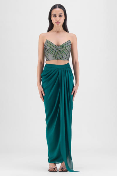 Emerald handwoven bustier and draped skirt set