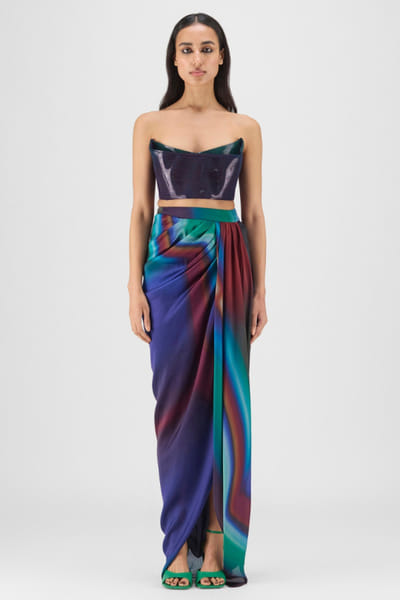 Teal pleated bustier and draped skirt set