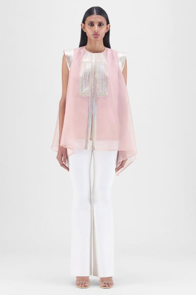 Rose metallic handwoven organza top