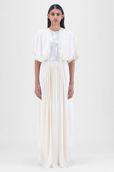 Pearl metallic micro pleated and layered dress