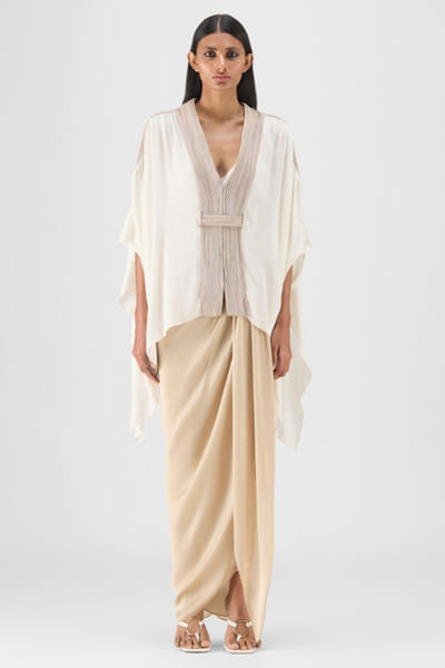 Pearl and sand corded cape-draped skirt set
