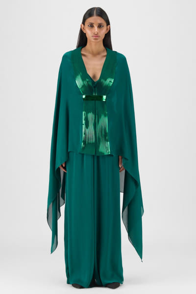 Emerald metallic handwoven belted cape