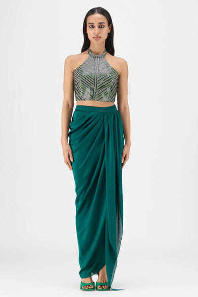 Emerald metallic handwoven draped skirt set