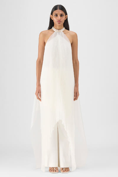 Pearl handwoven and pleated halter-neck dress