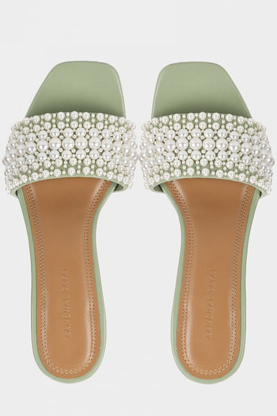 Mint pearl embellished block heels