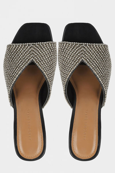 Black stone embellished block heels