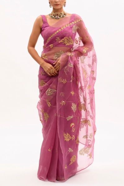 Lilac embroidered organza sari set