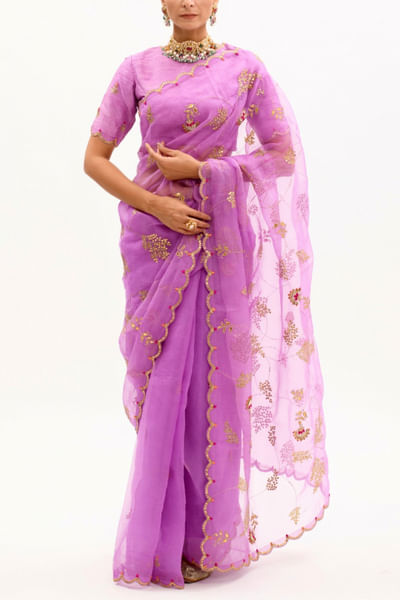 Purple embroidered sari set