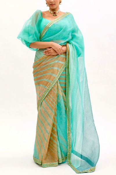 Sea green embroidered silk sari set