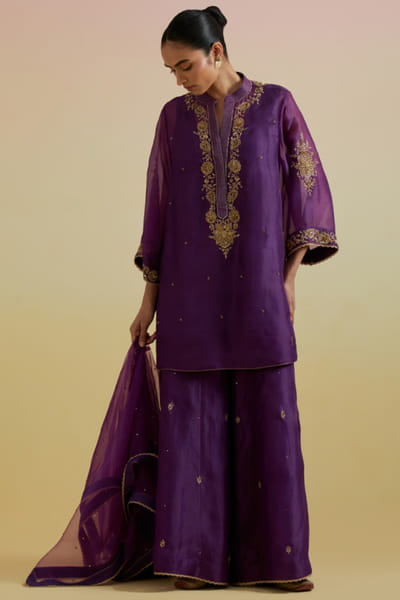 Purple embroidered organza kurta set