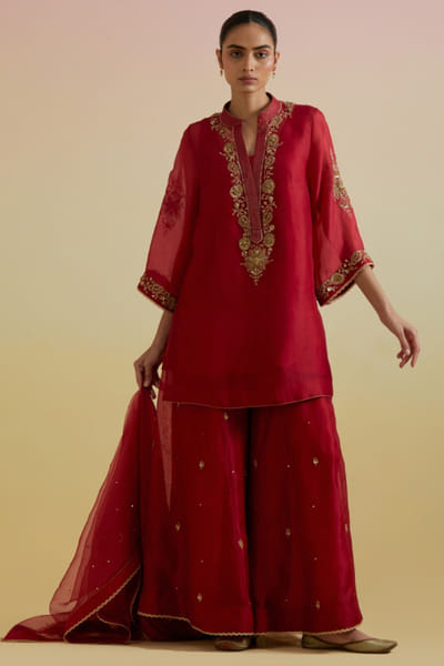 Red embroidered organza kurta set