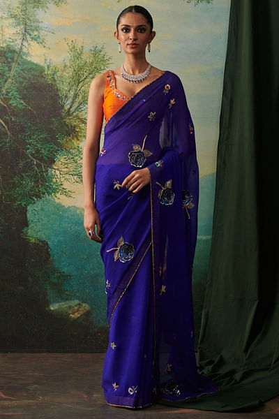 Navy blue sequin embroidered sari