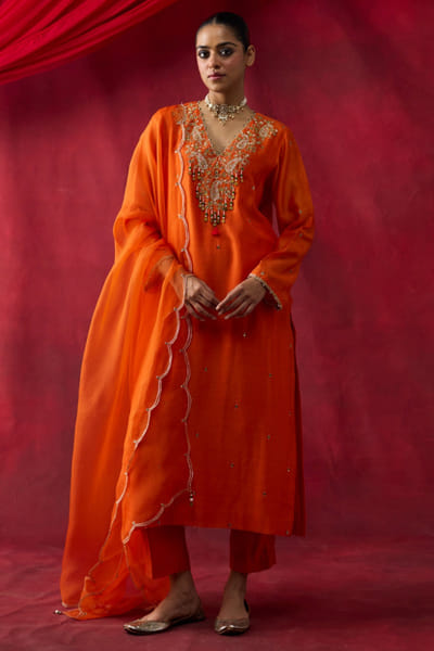 Orange thread embroidered kurta set