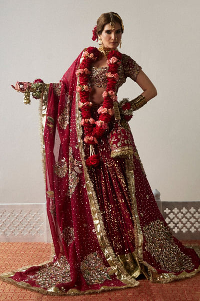 Wine red printed and embellished lehenga set