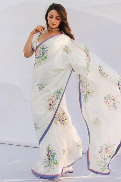 White printed sari set