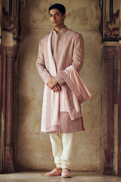Dusty rose pink dori embroidered sherwani set