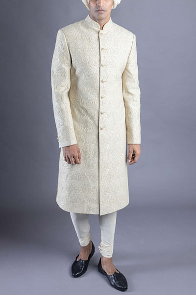 Beige embroidered sherwani set
