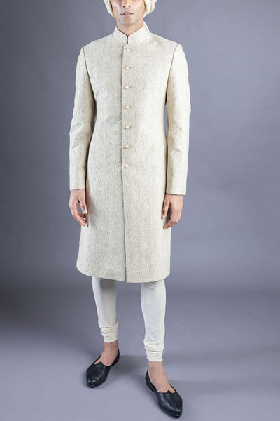 Beige embroidered sherwani set