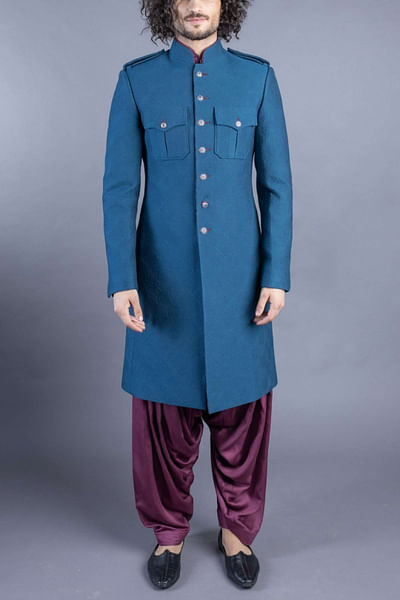 Blue jacket and pathani kurta set