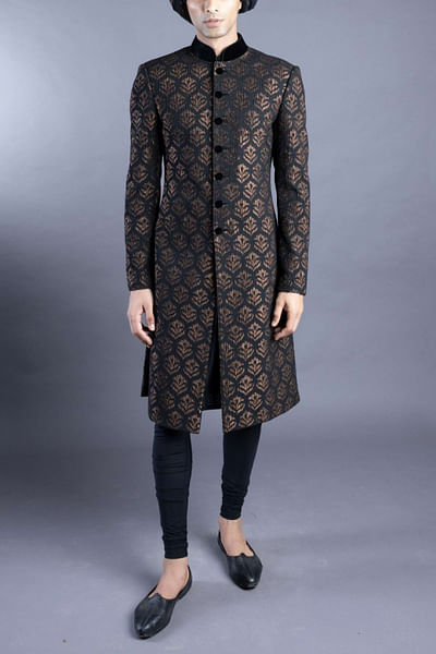 Black and antique gold sherwani set