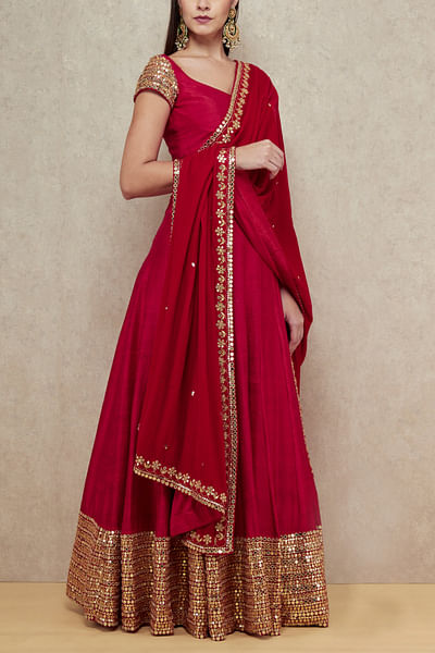 Red embroidered lehenga set
