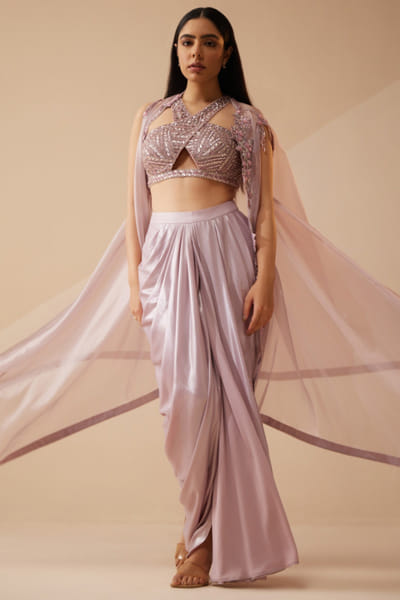 Roqa Lilac floral embroidered cape skirt set ROQAPR25D124396