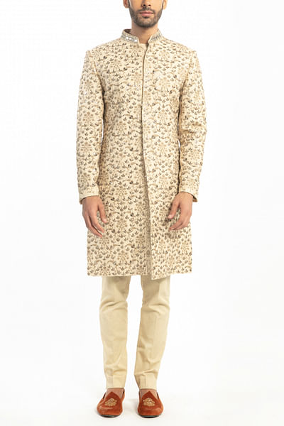 Beige embroidered sherwani set