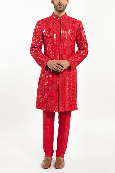 Red embroidered sherwani set