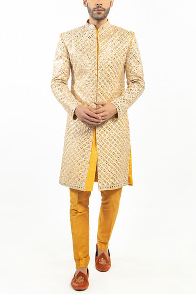 Yellow embroidered sherwani set