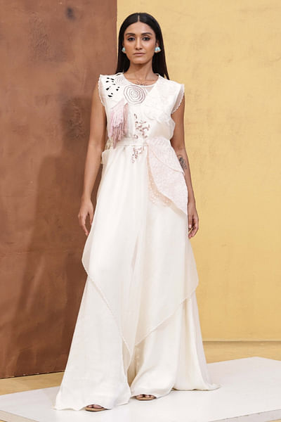 Ivory embroidered and panelled jumpsuit