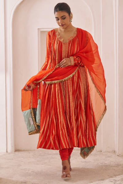 AAMRA BY LAVANYA Orange embroidered kalamkari anarkali set AAMRJUL26D148767