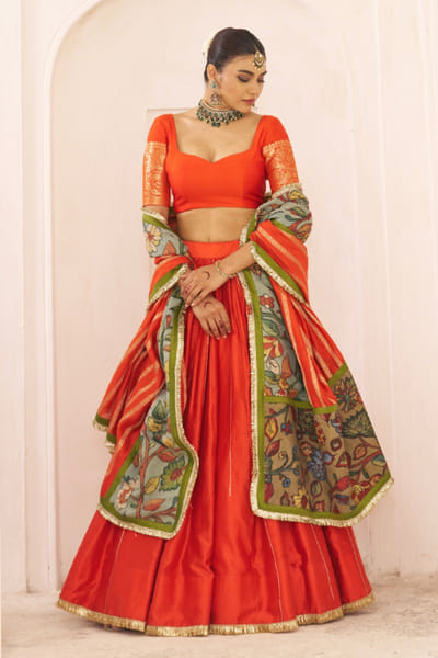 AAMRA BY LAVANYA Orange zari embroidered kalamkari lehenga set AAMRJUL26D148757
