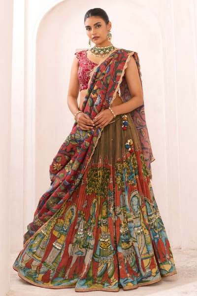 AAMRA BY LAVANYA Olive green embroidered kalamkari lehenga set AAMRJUL26D148756