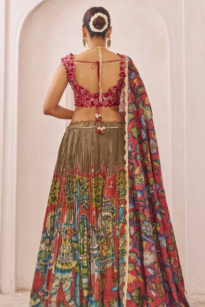 AAMRA BY LAVANYA Olive green embroidered kalamkari lehenga set AAMRJUL26D148756