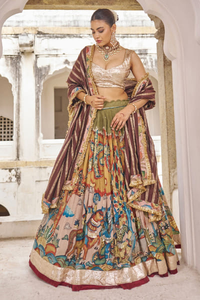 AAMRA BY LAVANYA Olive green kalamkari embroidered lehenga set AAMRJUL26D148762