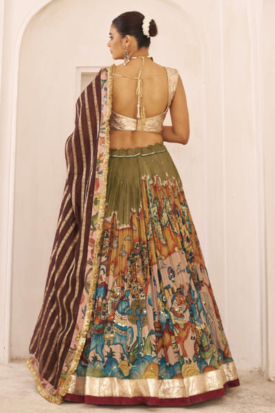 AAMRA BY LAVANYA Olive green kalamkari embroidered lehenga set AAMRJUL26D148762