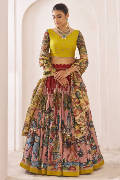 AAMRA BY LAVANYA Maroon embroidered kalamkari lehenga set AAMRJUL26D148763