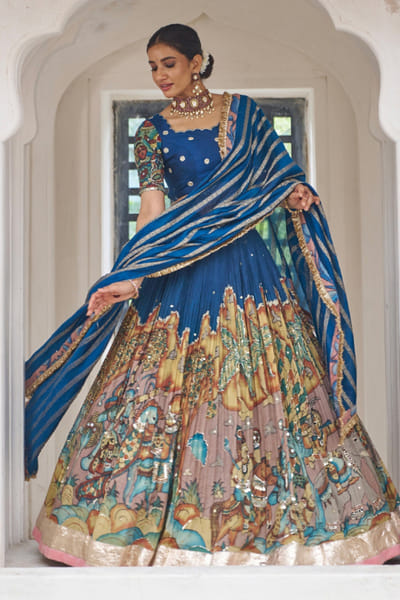 AAMRA BY LAVANYA Blue embroidered kalamkari lehenga set AAMRJUL26D148764