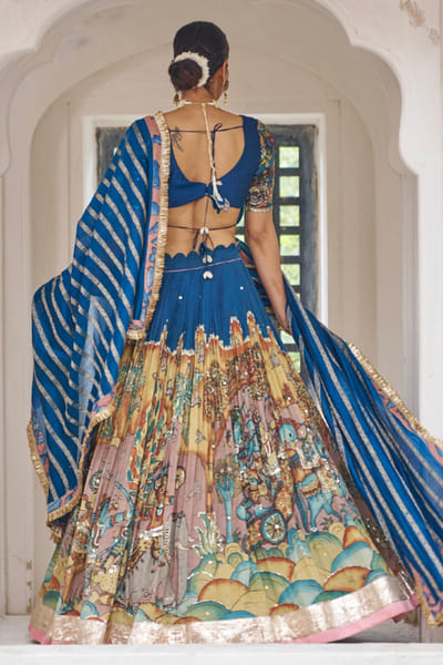 AAMRA BY LAVANYA Blue embroidered kalamkari lehenga set AAMRJUL26D148764