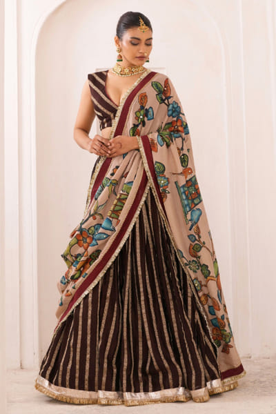 AAMRA BY LAVANYA Brown pitta embroidered kalamkari lehenga set AAMRJUL26D148769